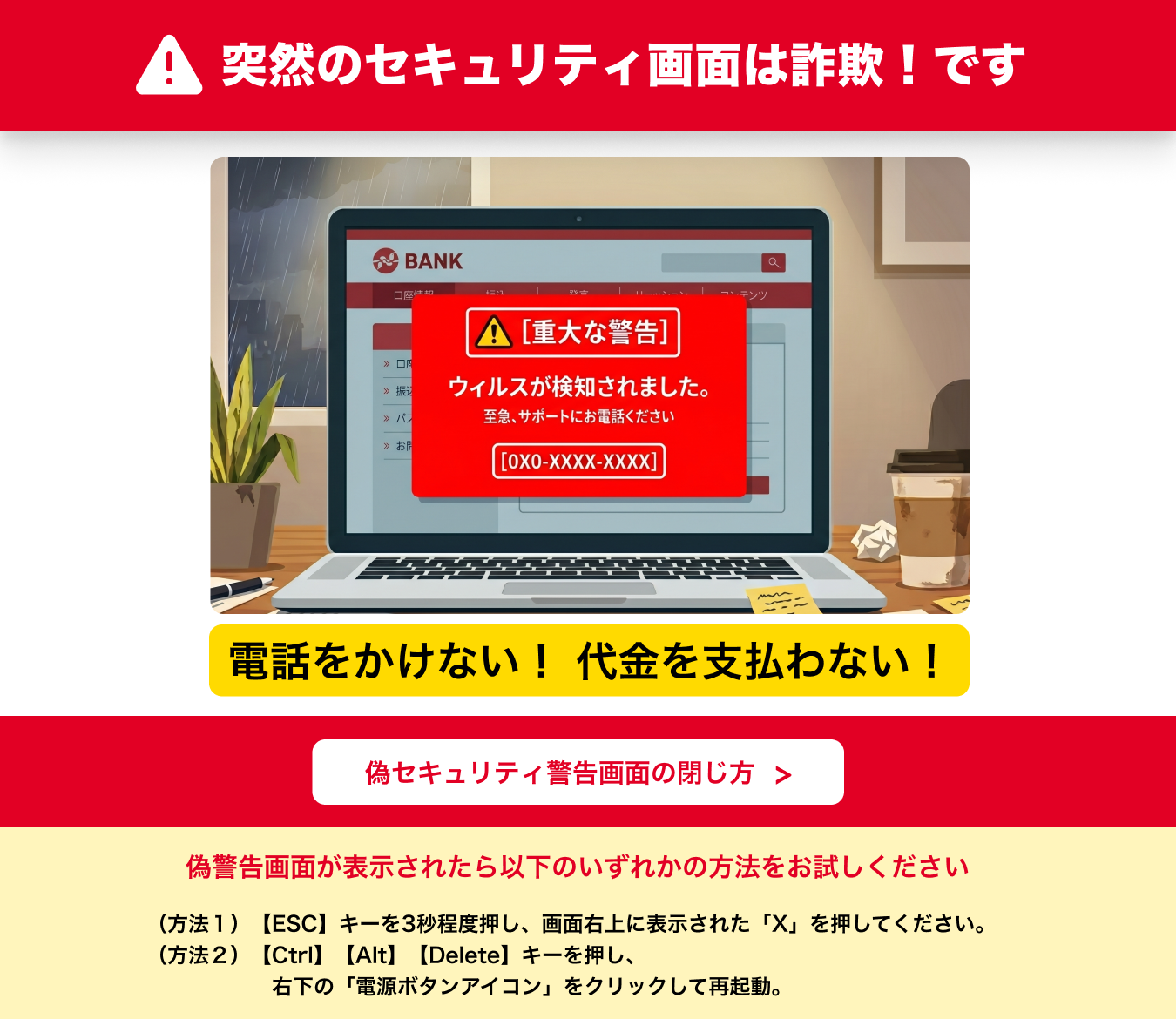 突然のセキュリティ画面は詐欺です